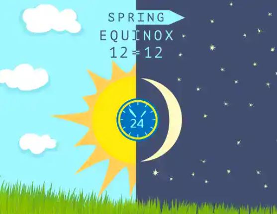 Pictorial representation of spring equinox, with image split equally between sun and moon, 12 hours of day and 12 hours of night.